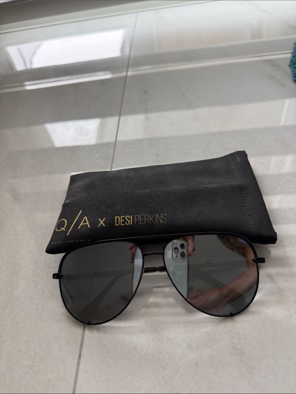 Q/A x Desi Perkins Black Aviator Sunglasses